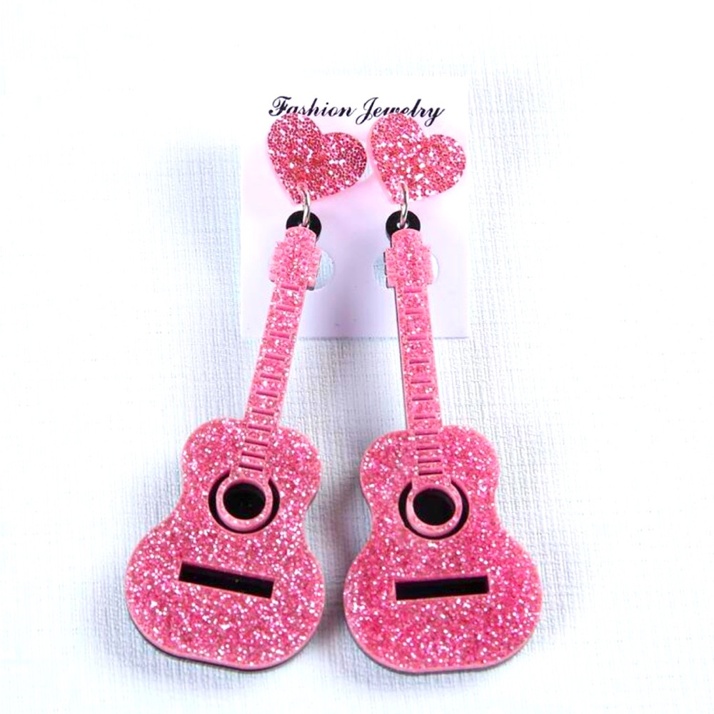 Pink Glitter Musical Instrument Guitar 🎸 Drop Earrings For Women - Picture 1 of 4